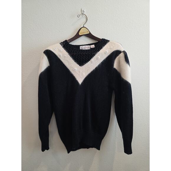 Eddie Dassin Sweaters - Vintage Eddie Dassin Black White Floral Pearl Embroidered Knit Sweater Medium